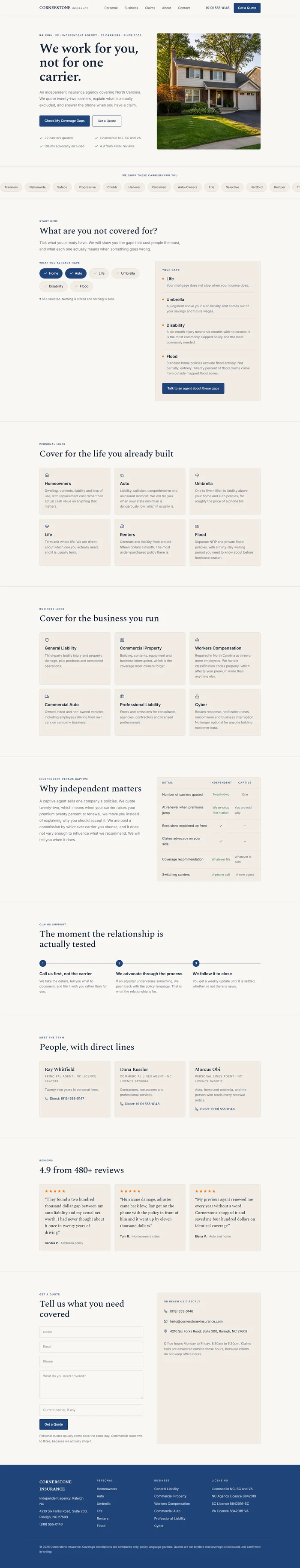 Full insurance agency website design: home hero, gap checker, coverage lines, claims support, agents