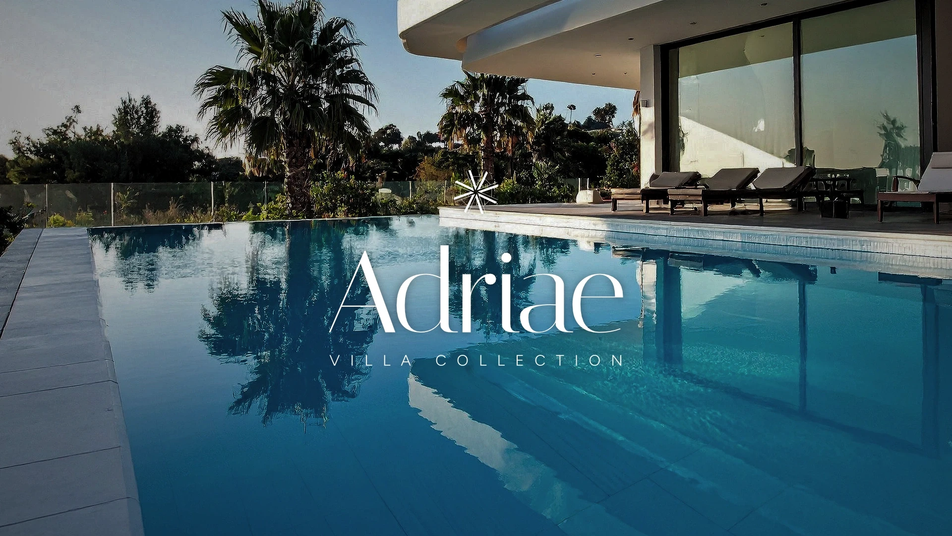 A luxury hospitality brand presentation by Studio Liminal featuring the Adriae logo centered over a background image of a premium villa and swimming pool.