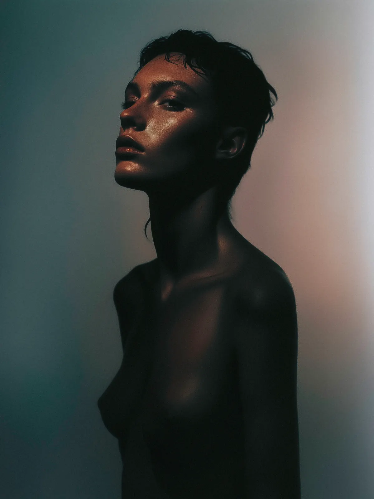 Portrait in three-quarter profile with teal and warm studio lighting.