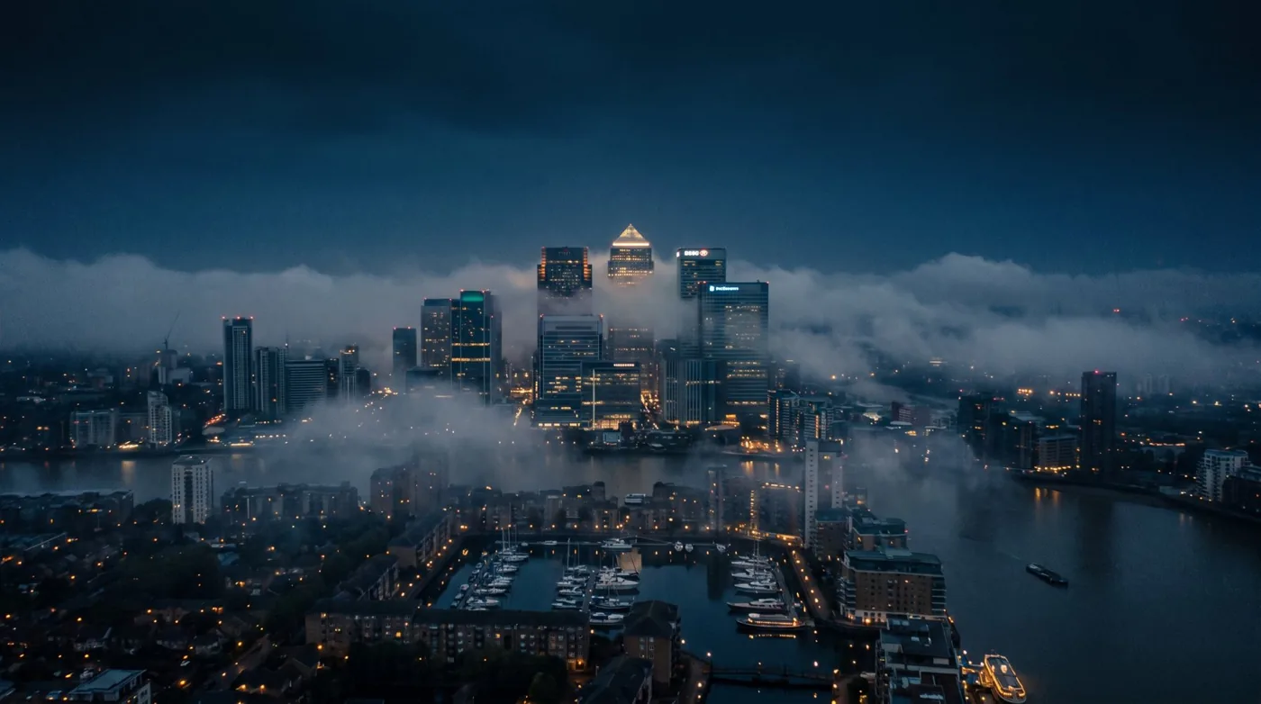 Office towers rising out of thick fog over a river at night