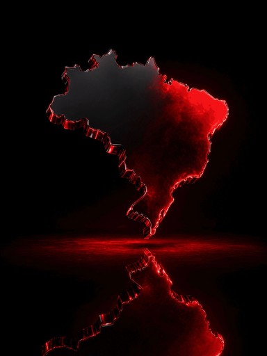 Outline of South America in black and red with a reflective surface against a dark background.