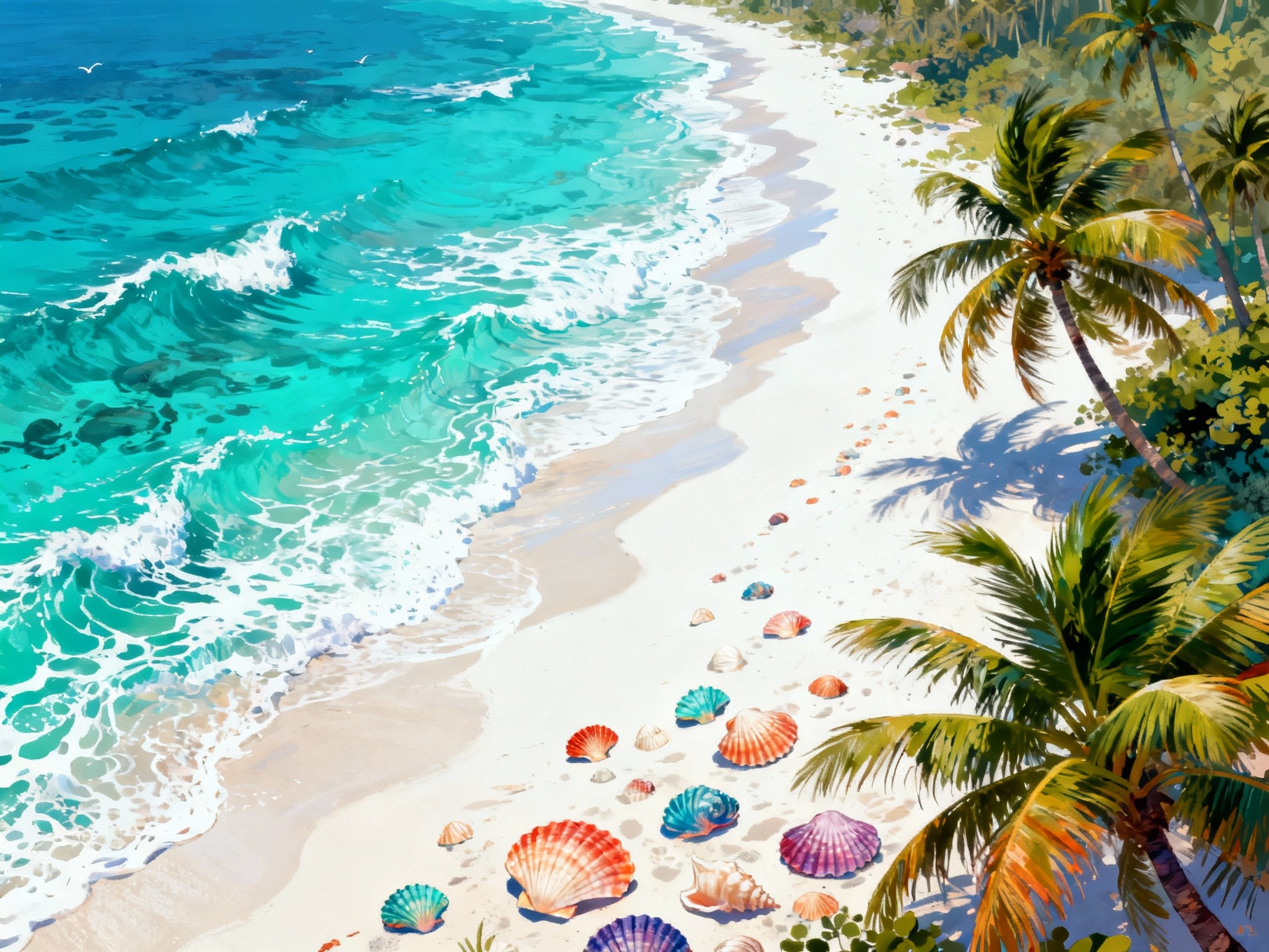 A fine-art illustration style depicting a vibrant tropical beach at midday, featuring turquoise