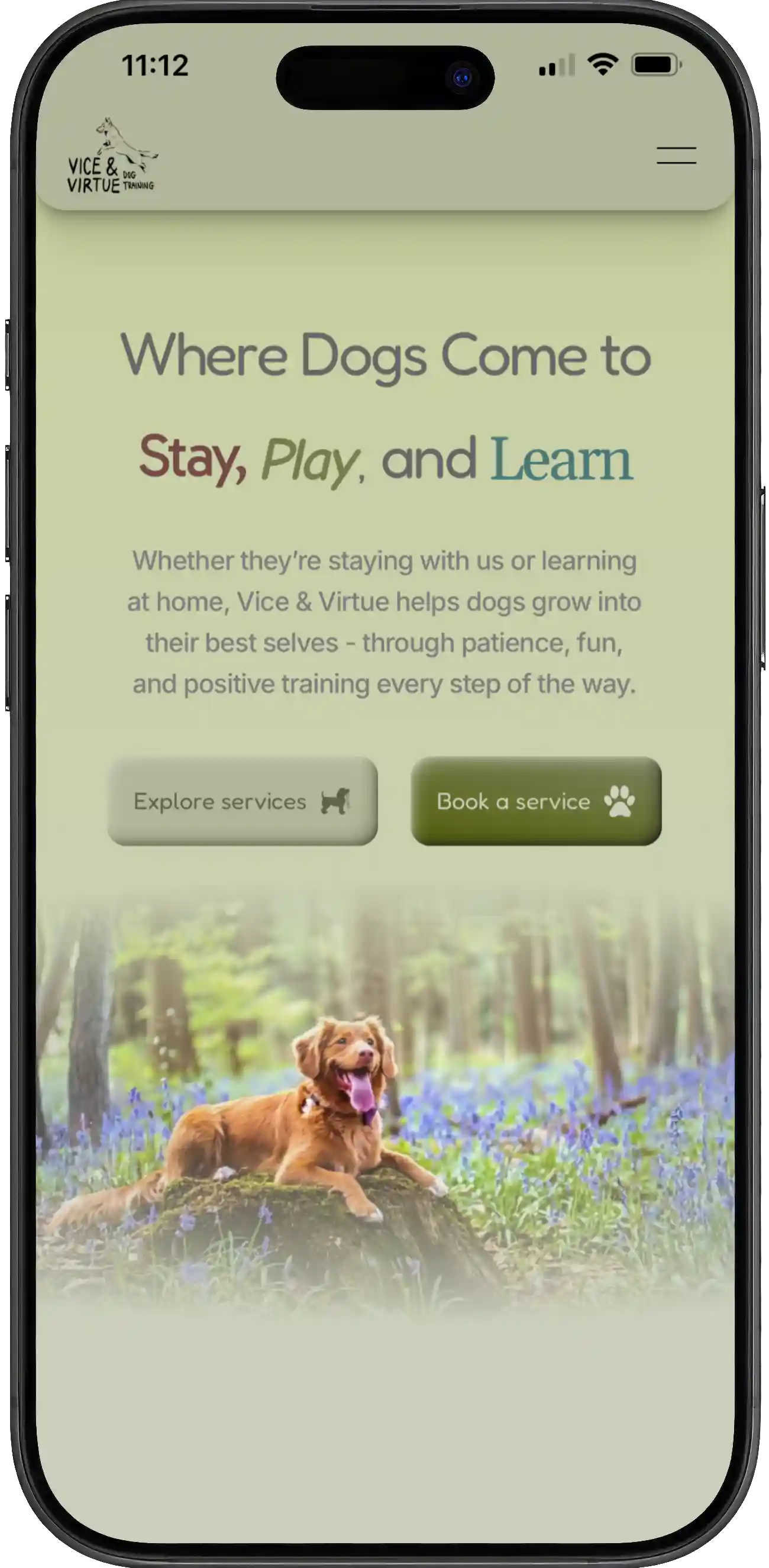 Mobile website mockup for Vice & Virtue Dog Training in Lewisburg KY – professional dog trainer website design for Russellville and Bowling Green KY