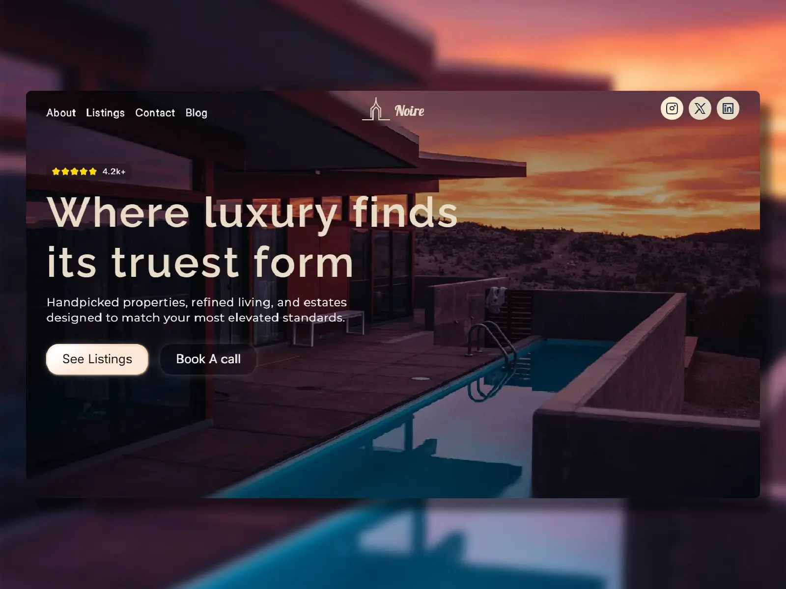 Noir Estates luxury real estate website with a sunset villa hero image and the header 'Where luxury finds its truest form'.