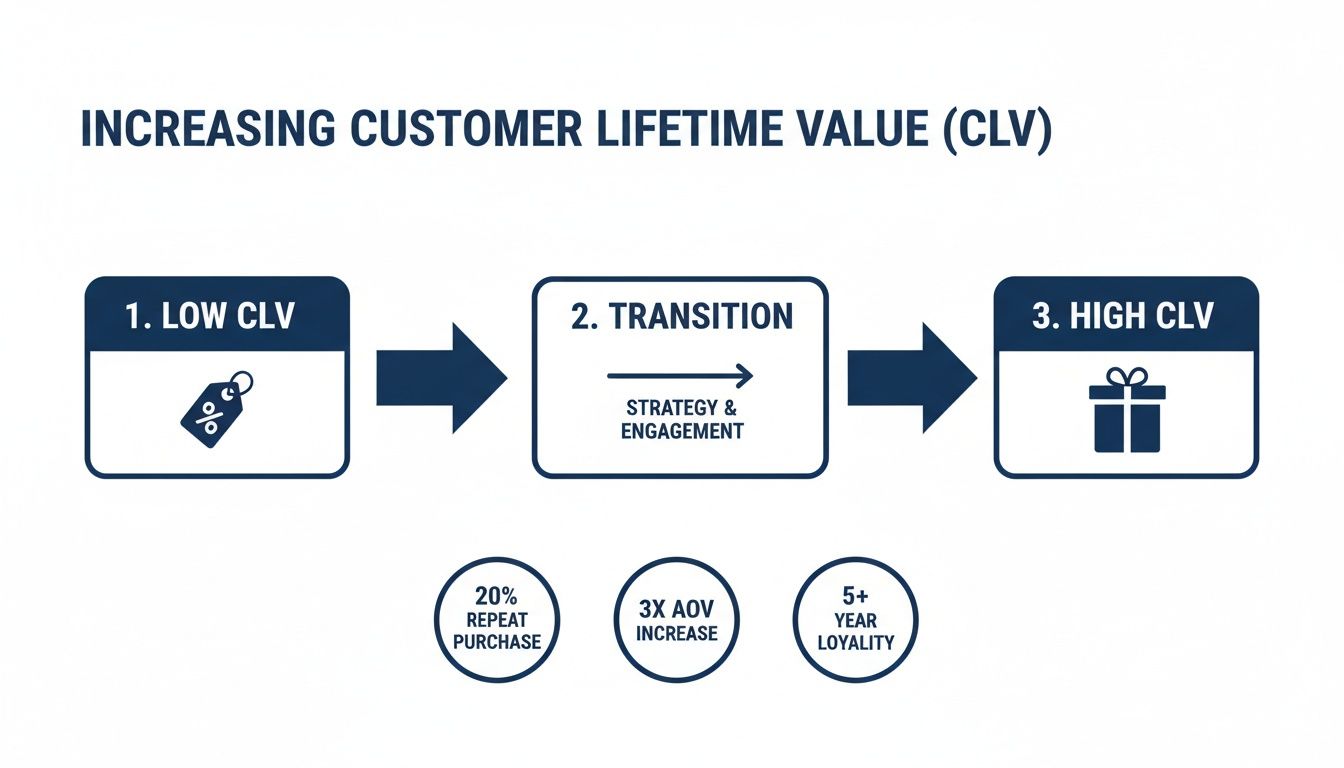 Diagram showing how to increase customer lifetime value (CLV) through strategy and engagement.