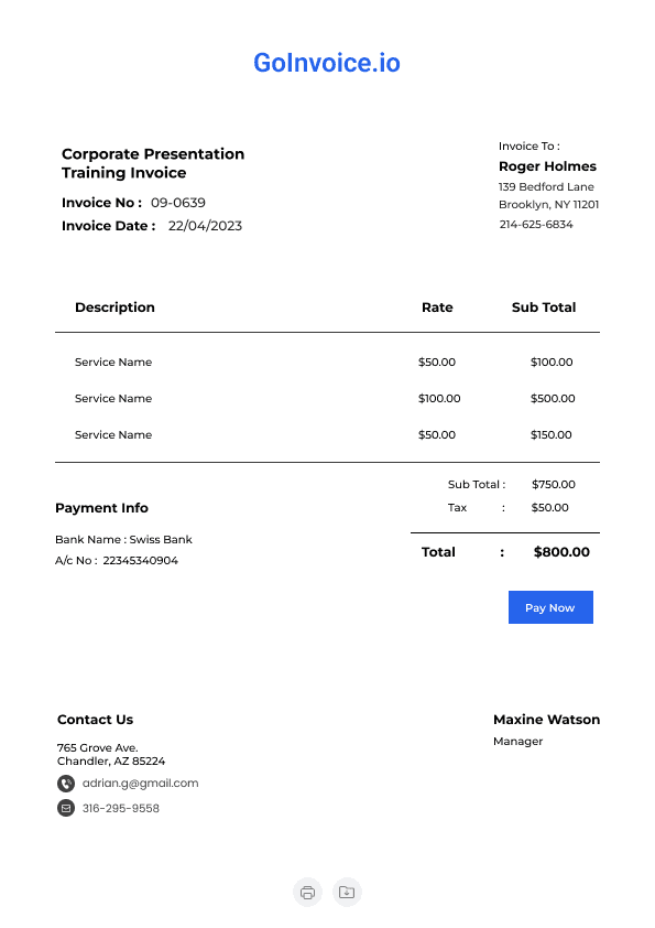 Corporate Presentation Training Invoice