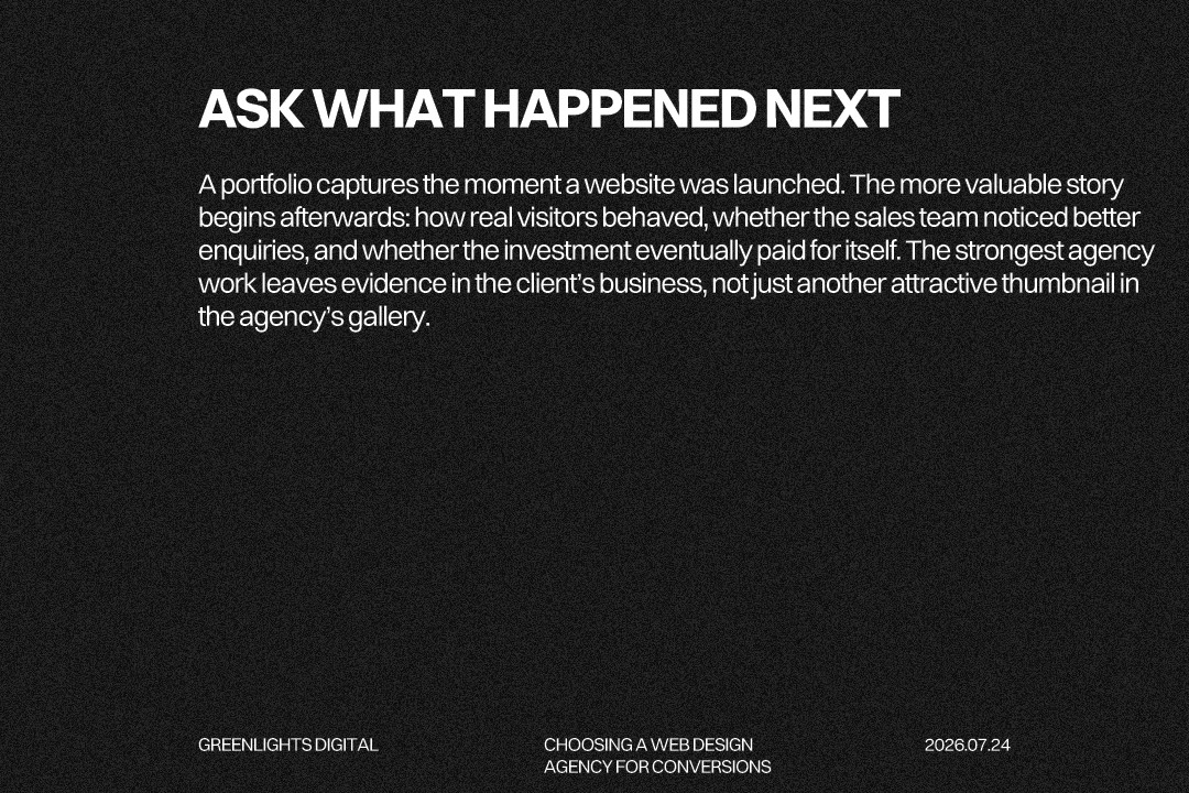 Text graphic encouraging businesses to check measurable results when reviewing a web design agency portfolio