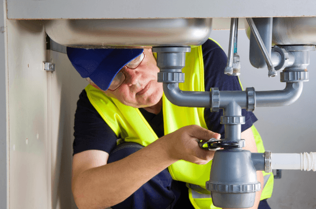 Plumber repairing under-sink piping and drain connection in a residential kitchen