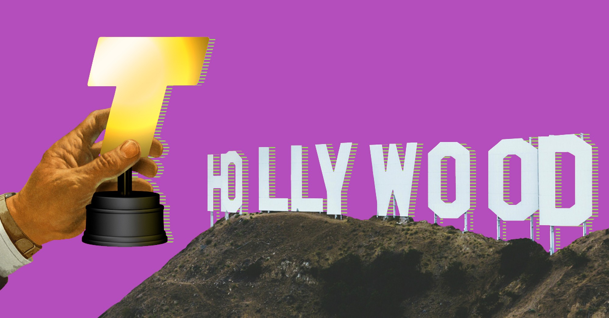 Mano sosteniendo trofeo dorado frente al cartel de Hollywood sobre fondo morado.