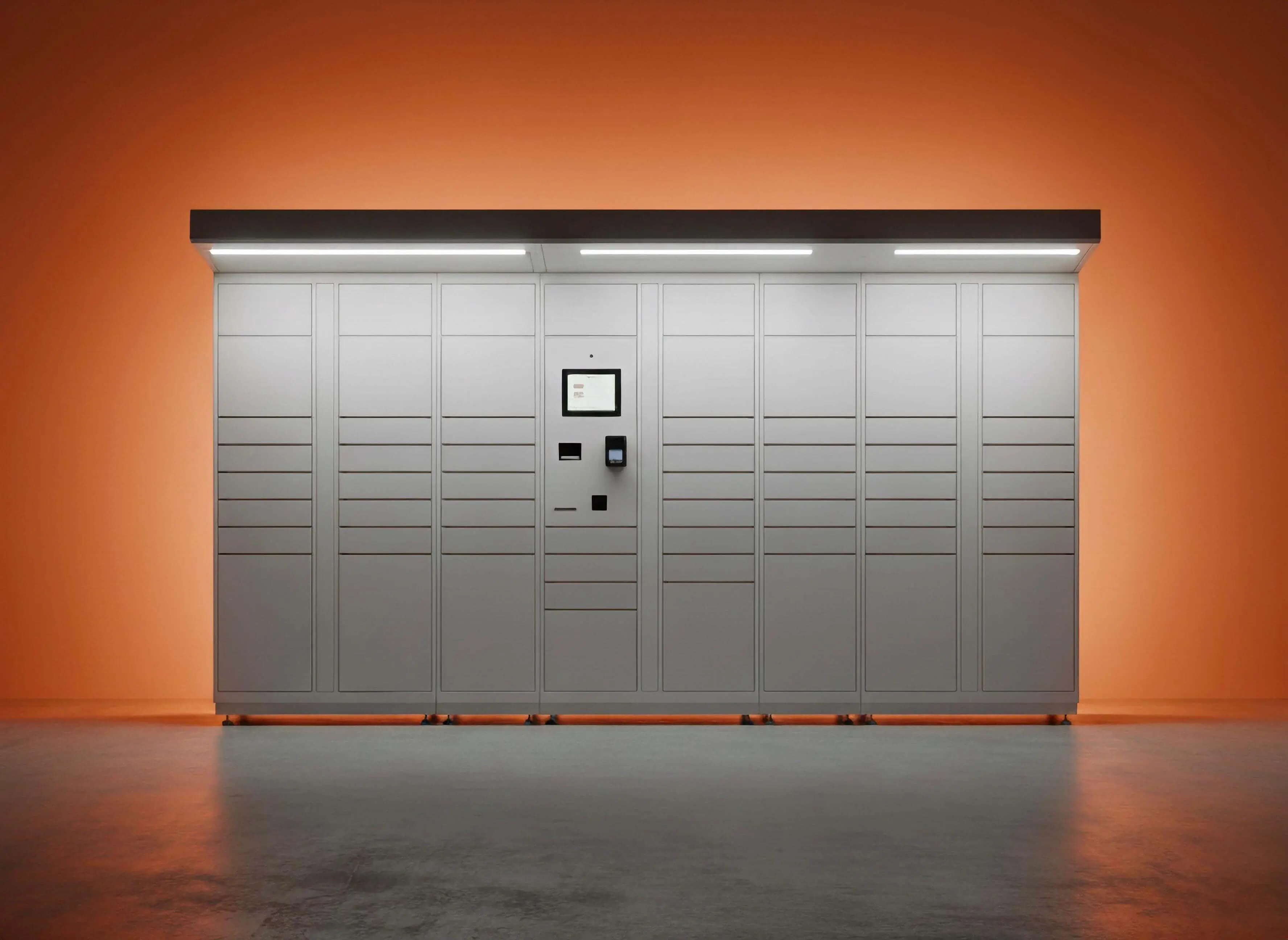 Smart parcel locker unit with digital interface for automated package delivery and retrieval.