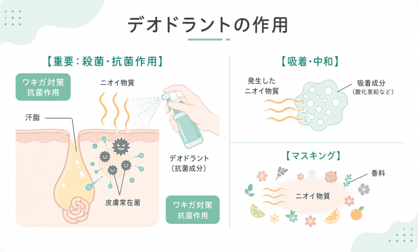 図2. デオドラントが抗菌・吸着・マスキングの3つの作用でニオイを抑える仕組みを示した図