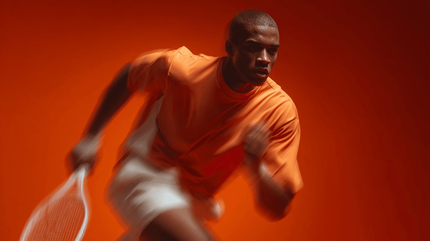 orange red white man playing tennis