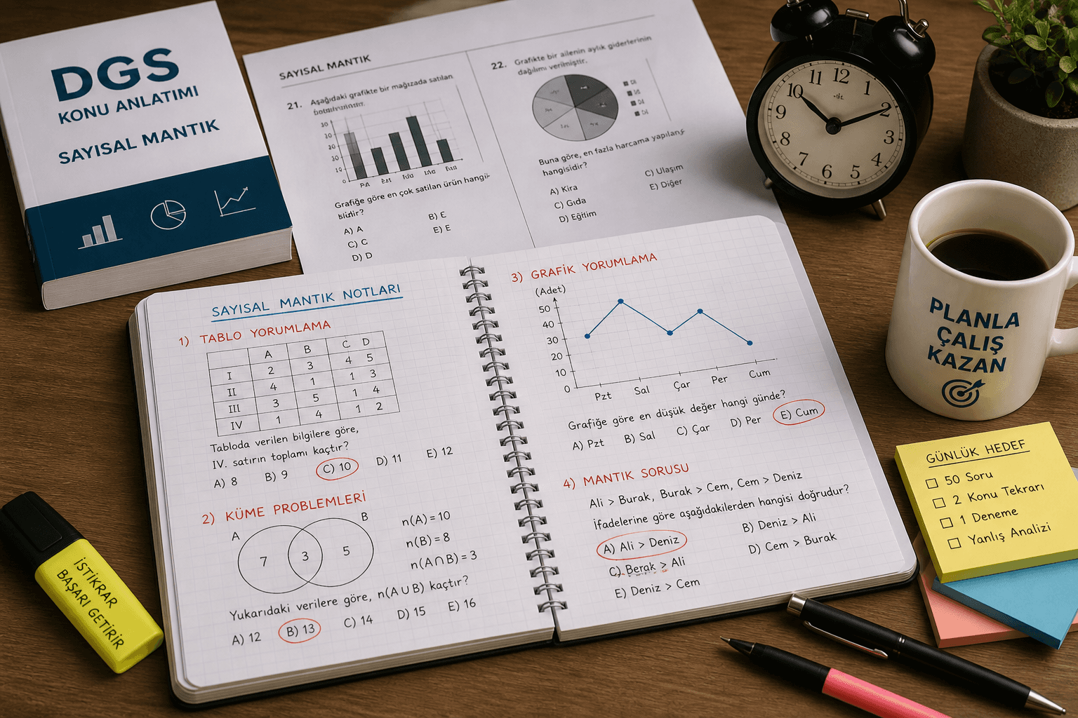 DGS sayısal mantık çalışması için düzenlenmiş çalışma masasında açık defter, grafik soruları, test kitapları, kalemler ve masa saati bulunan ders çalışma ortamı