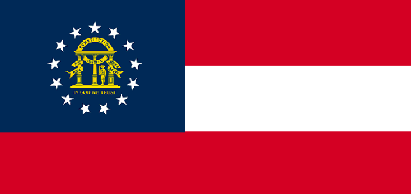 Flag of Georgia featuring three horizontal stripes, red, white, and red. Blue square with Georgia's seal and 13 white stars in the top left corner.