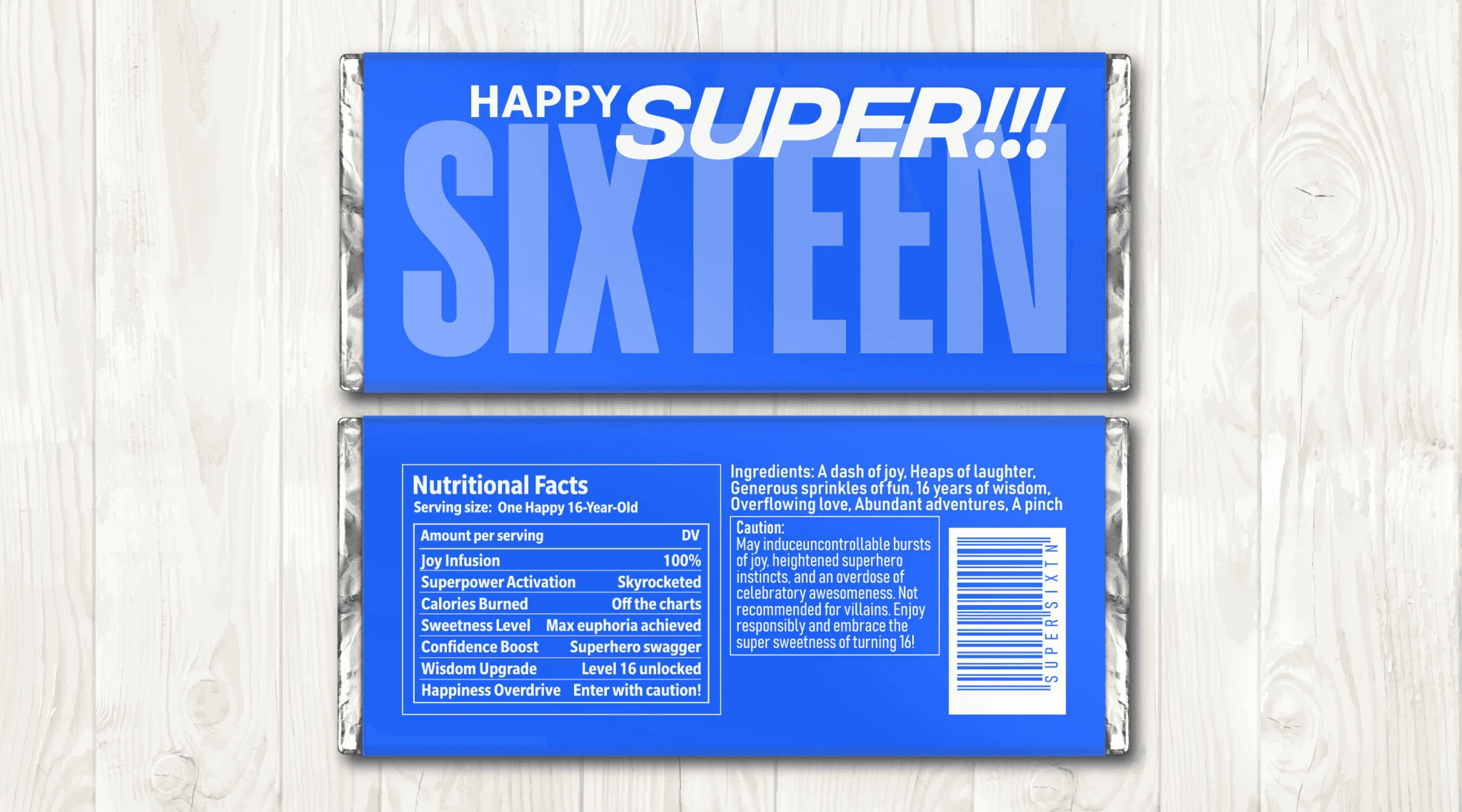 Celebrate in style with this vibrant Sweet Sixteen Chocolate Bar Wrapper for a perfect birthday party favor! Designed to fit standard 1.55 oz Hershey bars, this printable wrapper features a bright blue design with playful 'nutritional facts' tailored for a fun and memorable sweet sixteen celebration. Instant download makes it easy to print at home and add a personal touch to any birthday event. Ideal for Sweet 16 party favors, customizable wrappers, and unique birthday gifts.