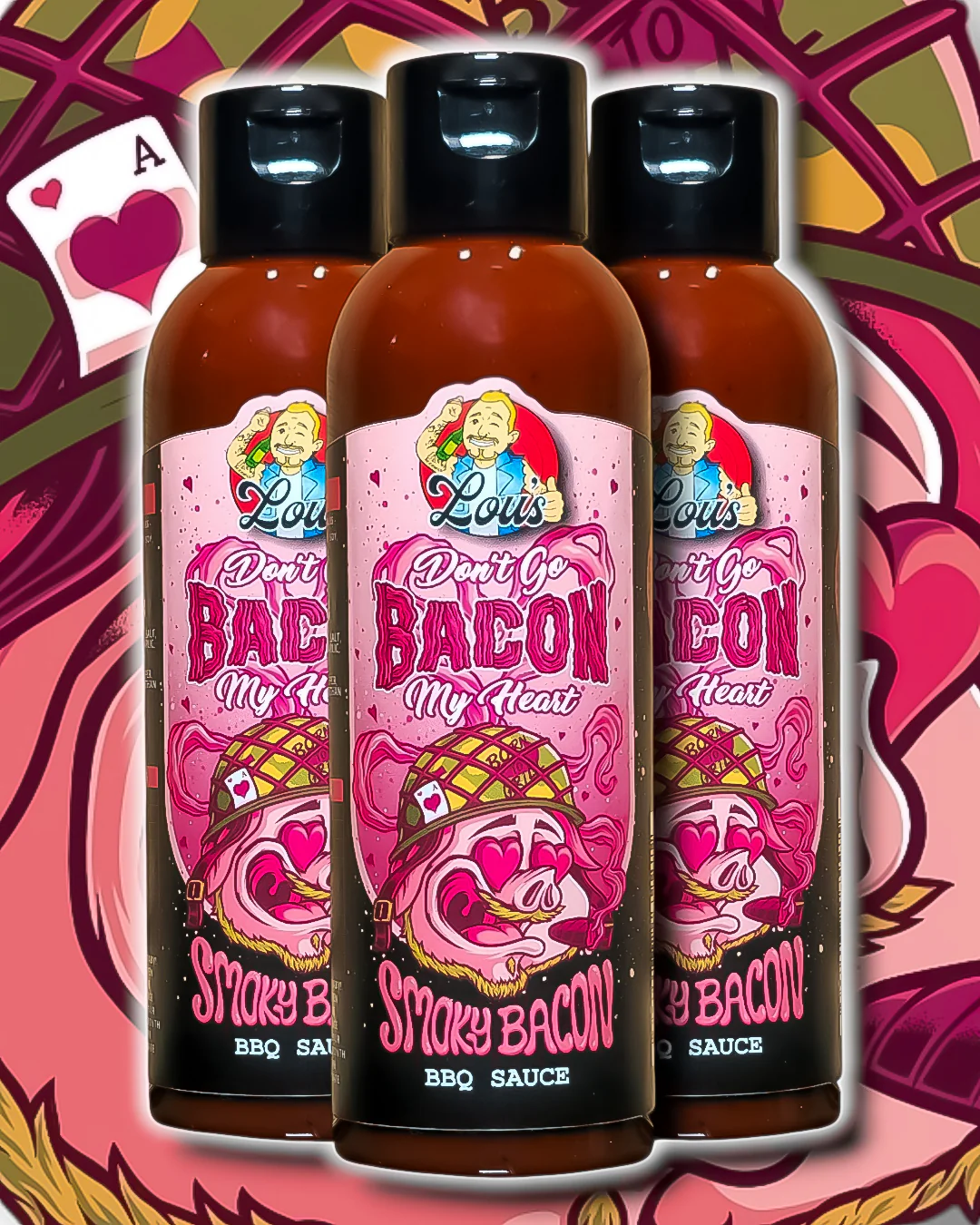 3 bottles close together with colourful illustrated labels in shades of pink