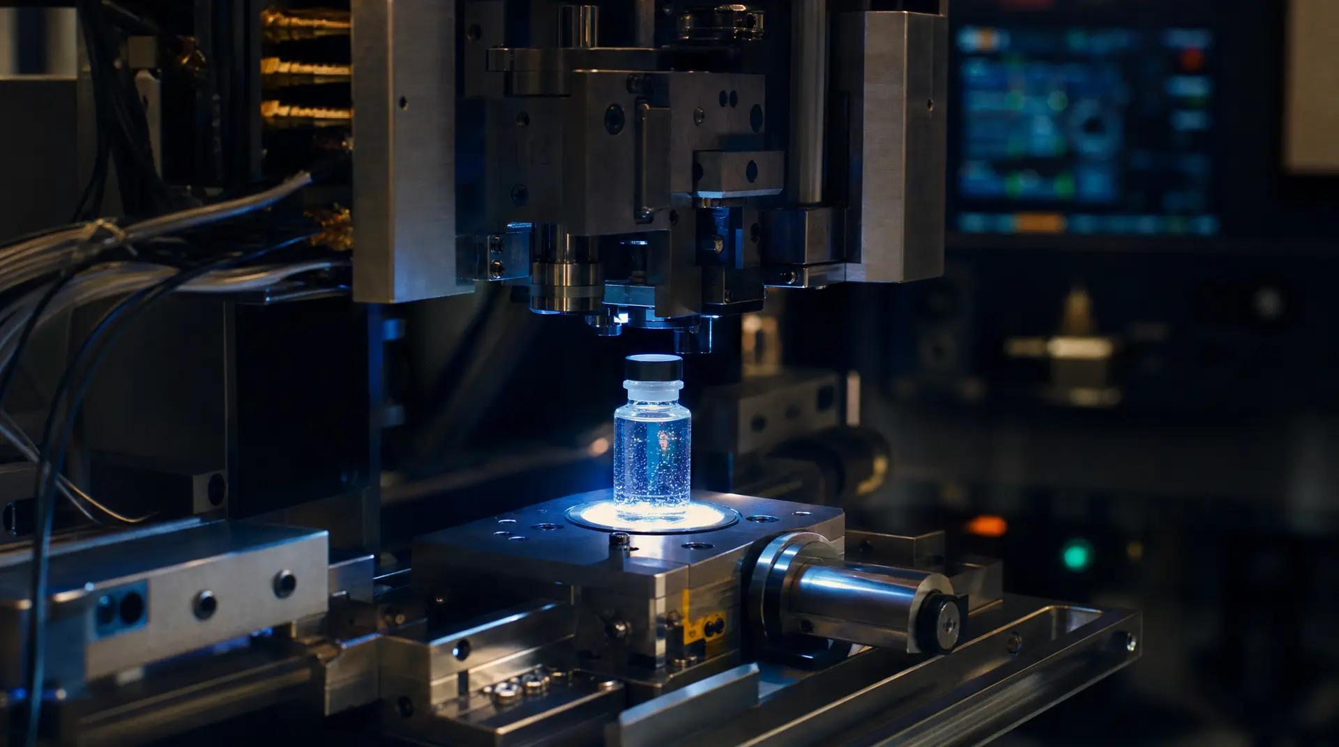 Automated filling station dispenses blue solution into a vial under sterile robotic tooling, supporting the medical device commercialization process.