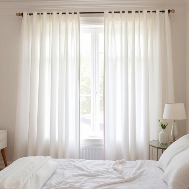 A bright white bedroom featuring a bed, a window, and flowing white curtains.