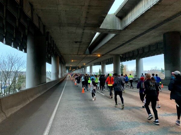  Running across the bridge to meet up with the Burke Gilman trail. 