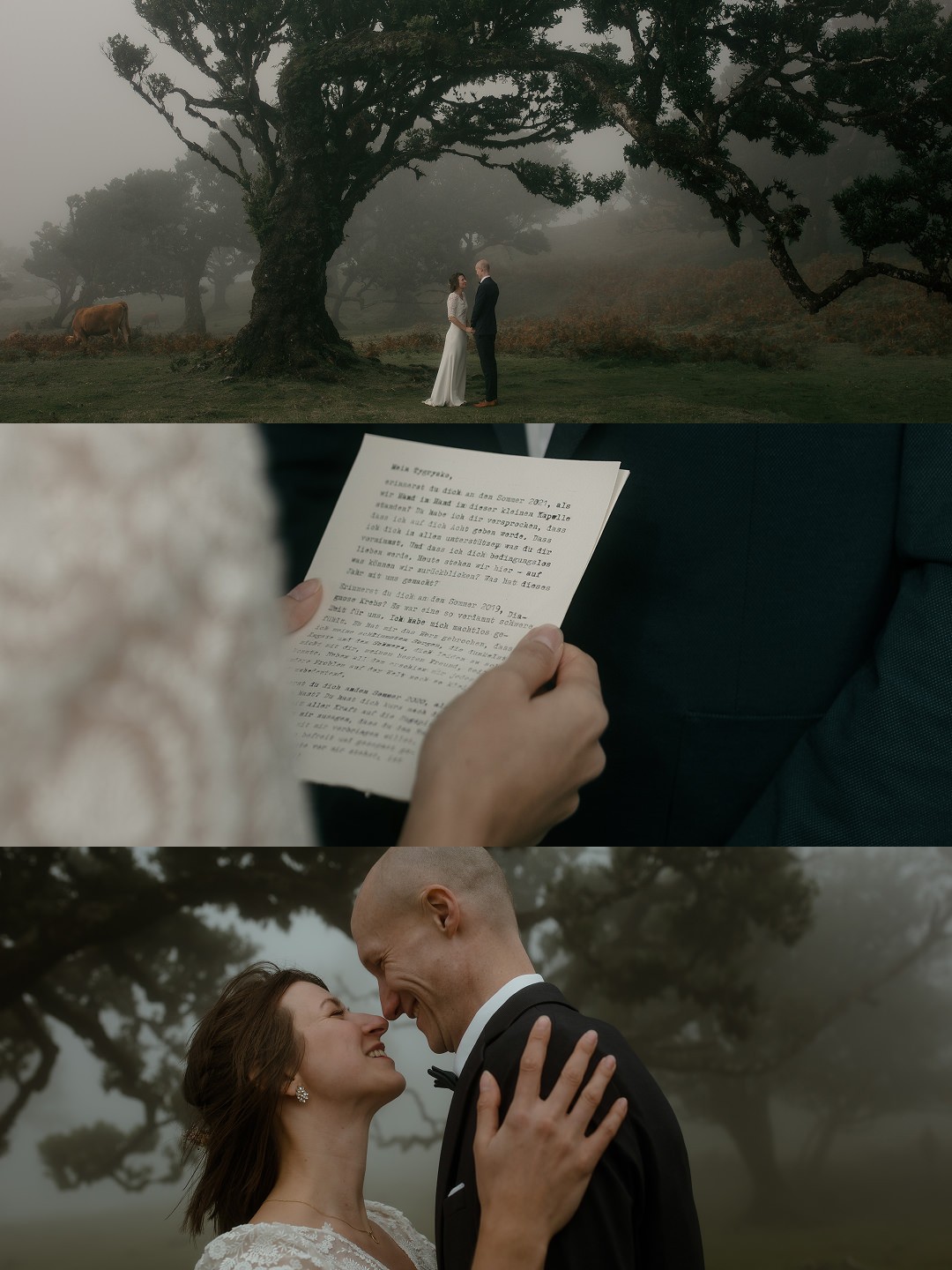 Collage of eloping couple saying their vows under a laurel tree arch in Fanal Forest Madeira