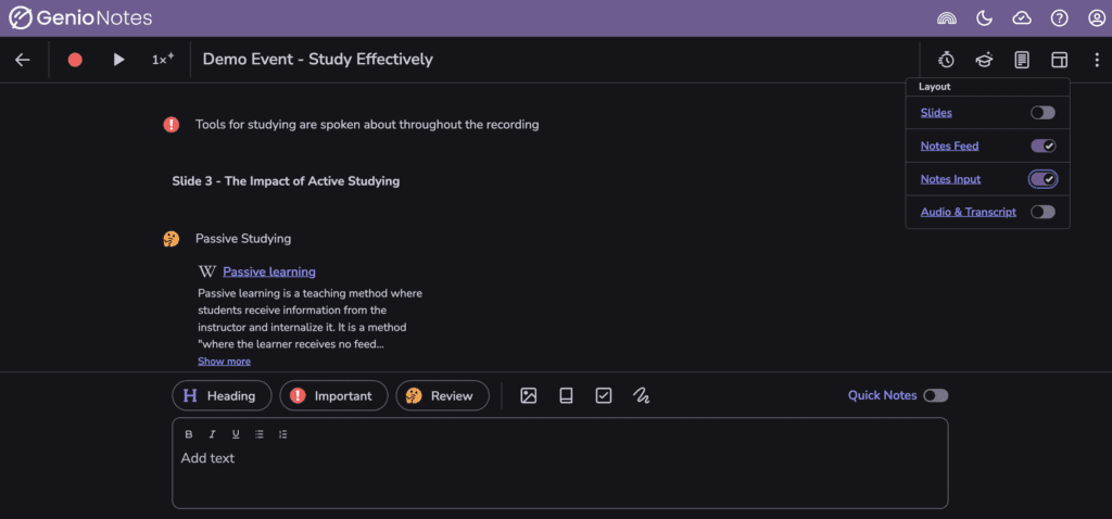 A screenshot of the Genio (formerly Glean) app in dark mode with a custom view of the notes