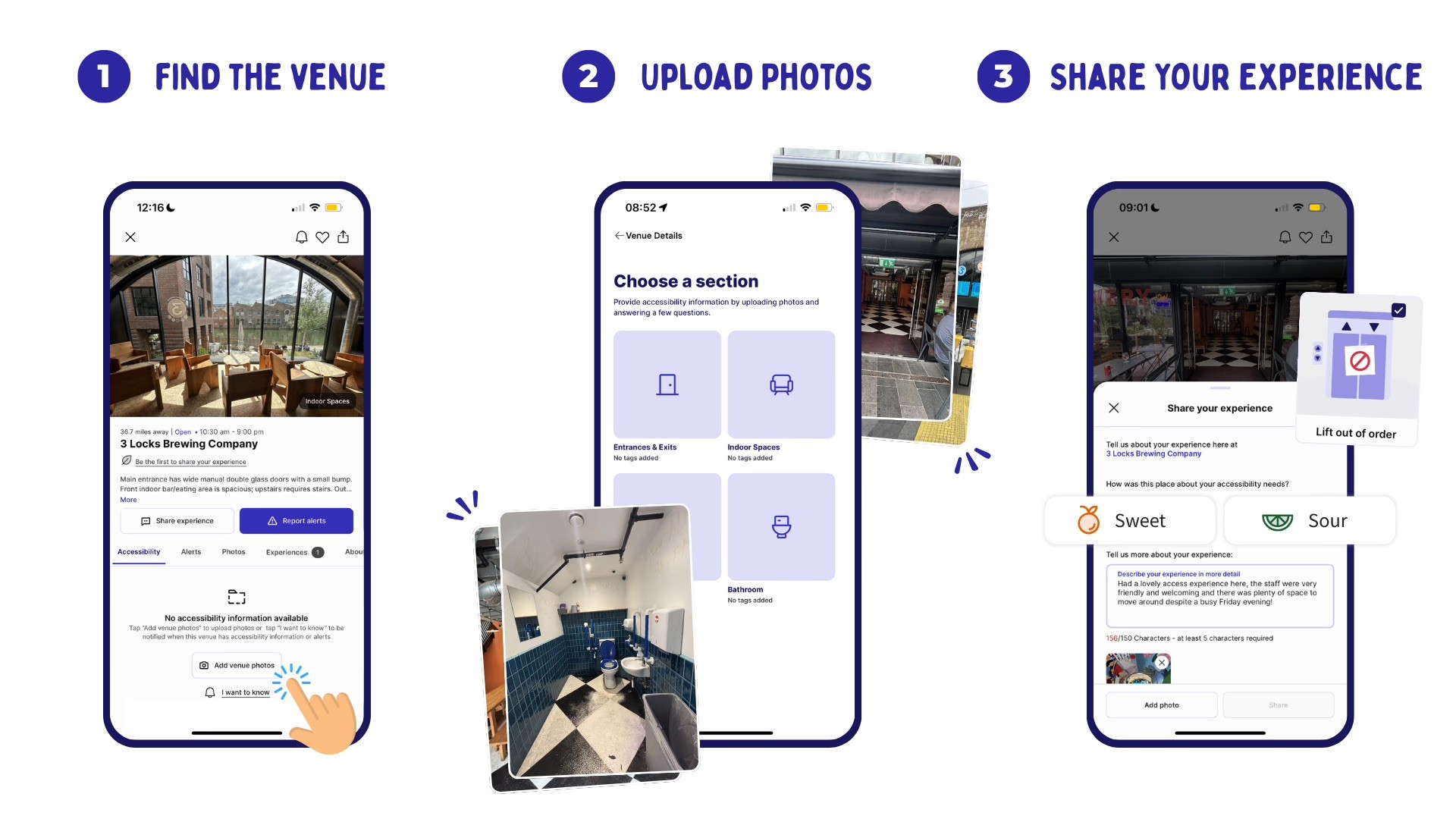 screenshots of Sociability app and how to find a venue, add photos and share experience