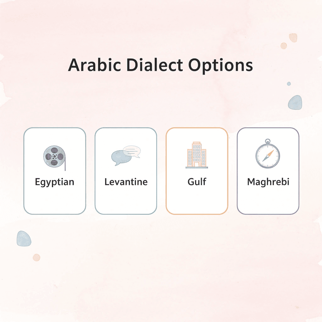 Four cards showing different Arabic dialect options with icons