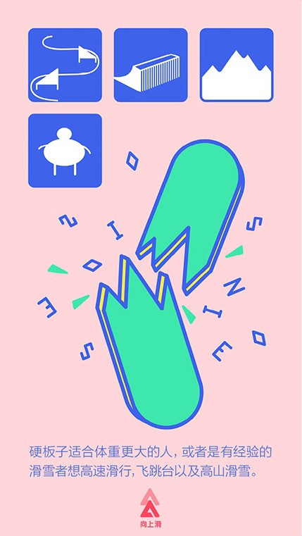 A pink poster with a drawing of a green broken snowboard. Also there are some blue pictograms that suggest some sort of snow activities.