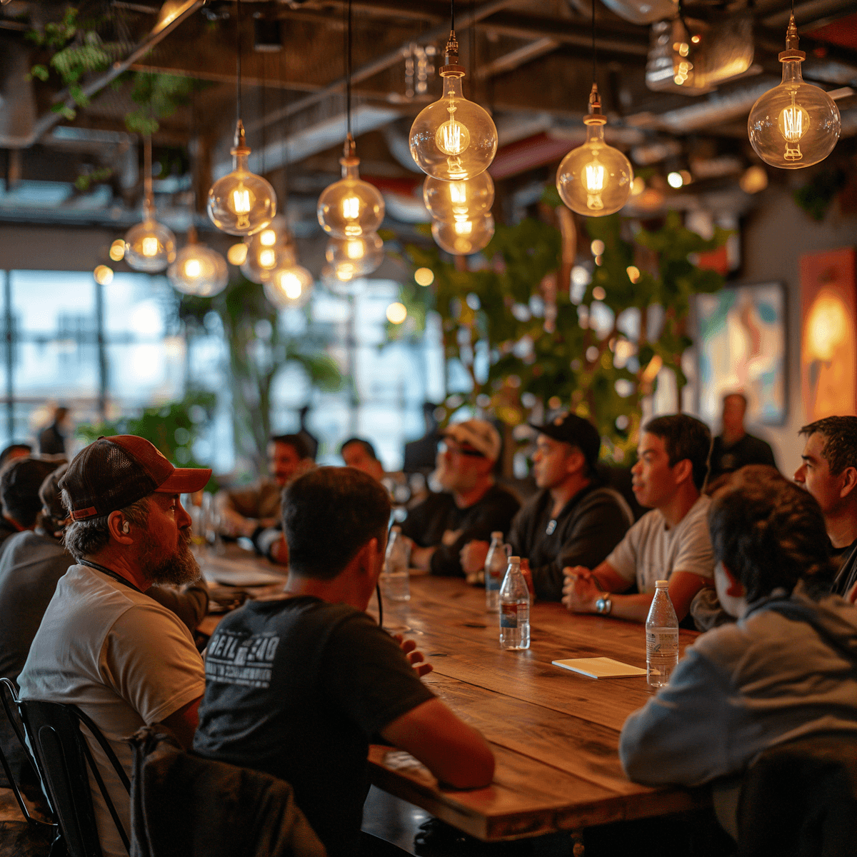 A group of people seated around a large wooden table in a cozy, well-lit setting with plants and hanging lights.