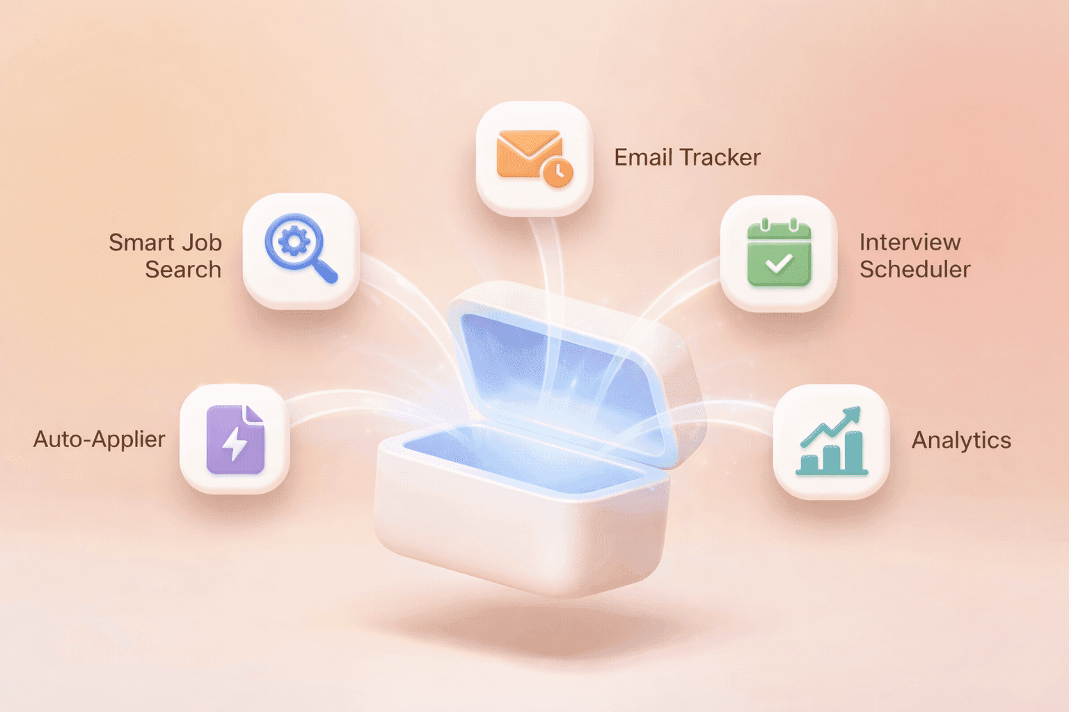 A 3D illustration representing a digital toolbox for job search automation