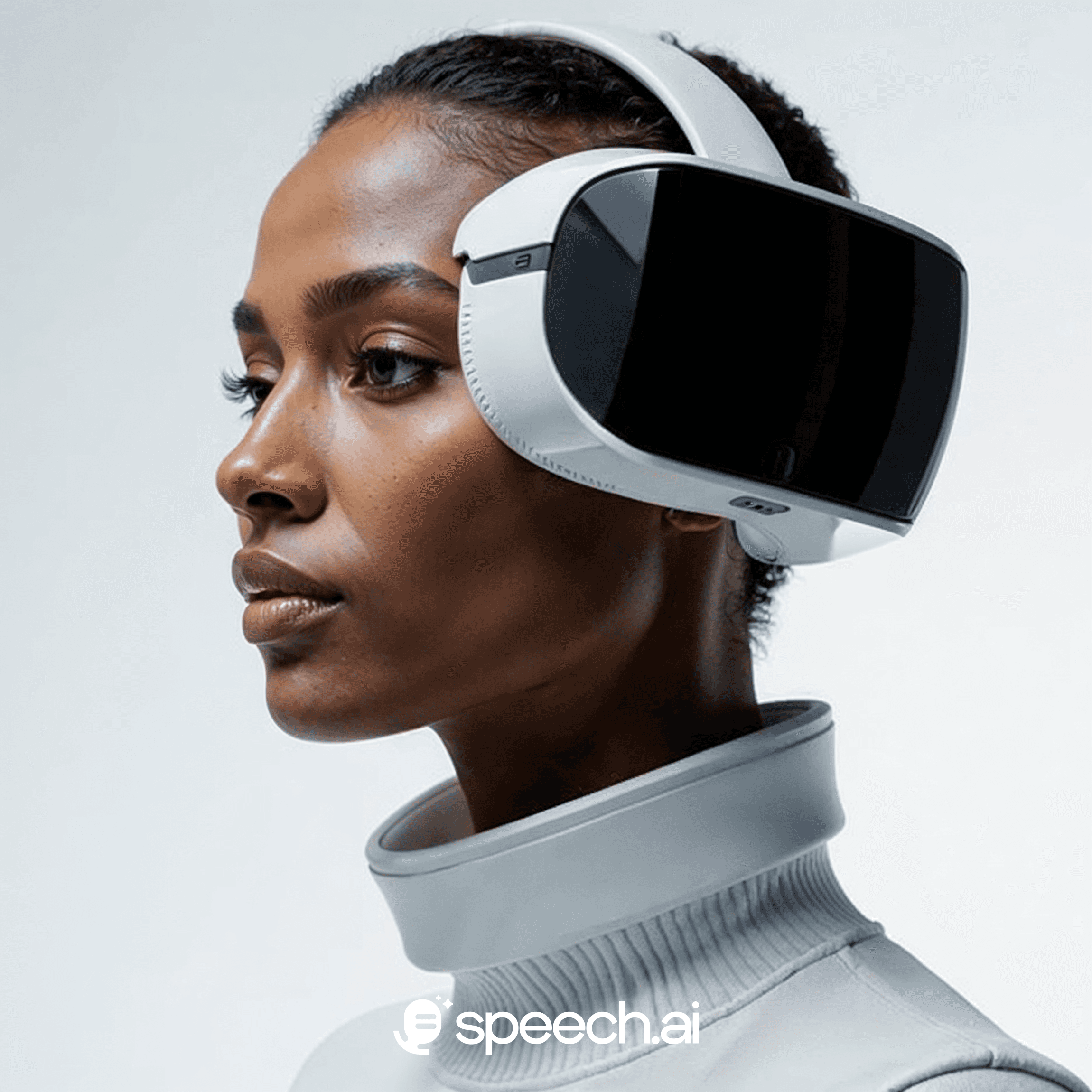 Woman wearing futuristic white VR headset and neck device by Speech.ai, showcasing cutting-edge virtual reality technology.