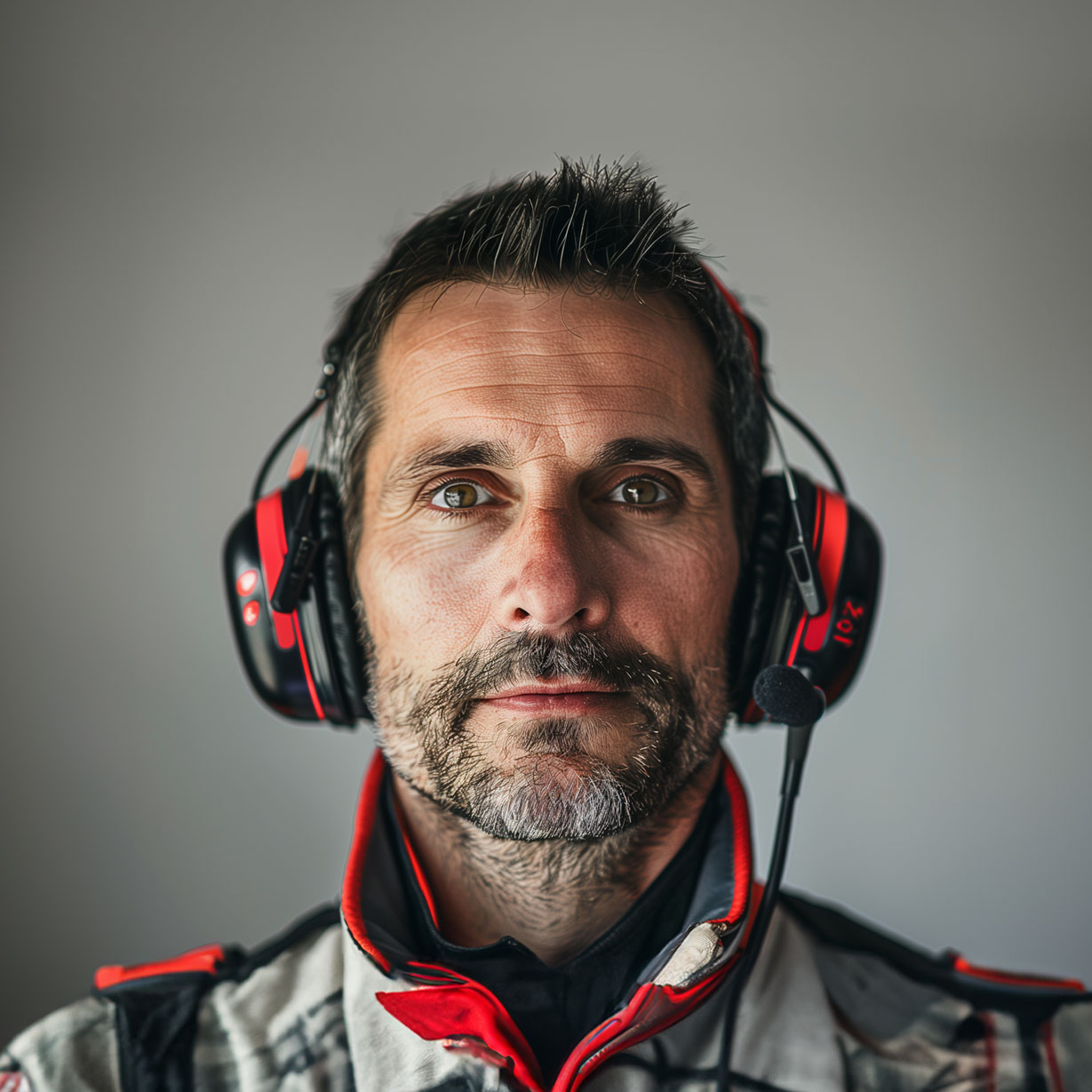Race engineer with red headpones of Pod1um ai