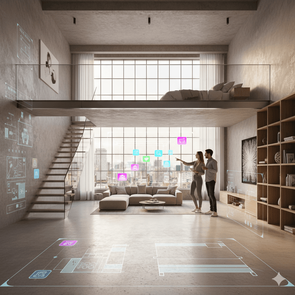 Double-height M3M loft interior with modern customization and 1 & 2 BHK options.