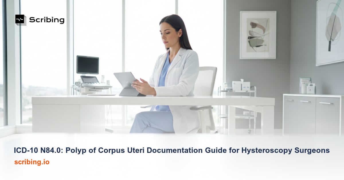 Medical illustration representing hysteroscopic polypectomy documentation and ICD-10 N84.0 coding for uterine polyps in OB/GYN practice