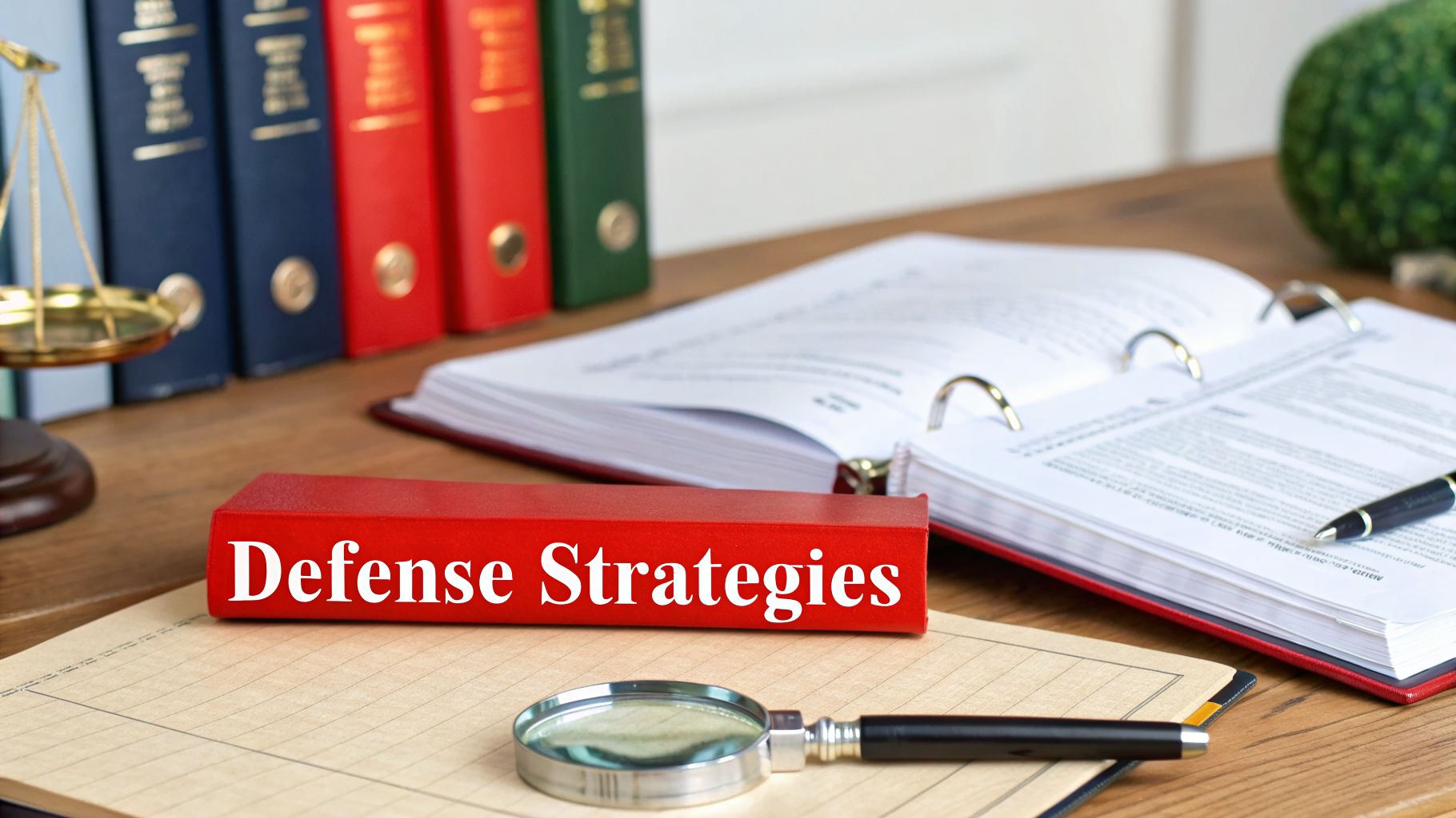 A red book titled 'Defense Strategies' on a wooden desk with legal books and scales of justice.