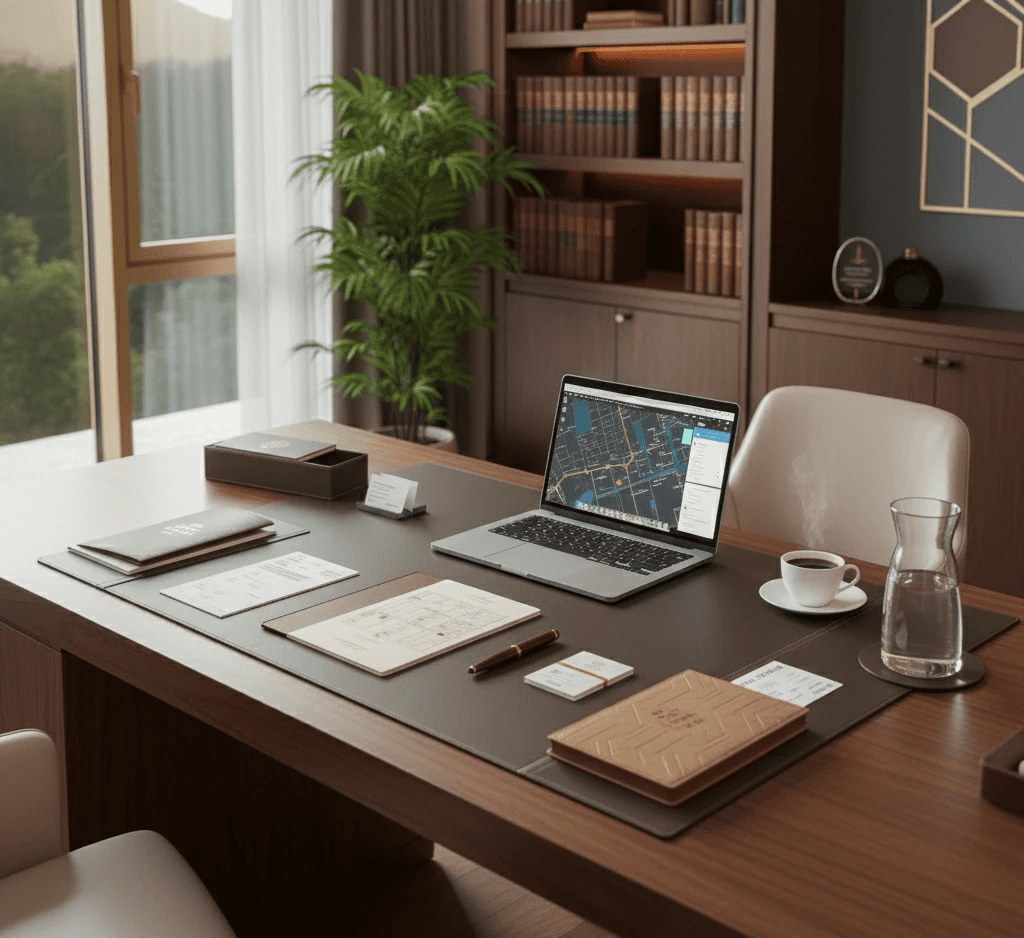 A workspace with tax forms, a calculator, a pen, an envelope, sticky notes, and a cup of coffee on a dark desk.