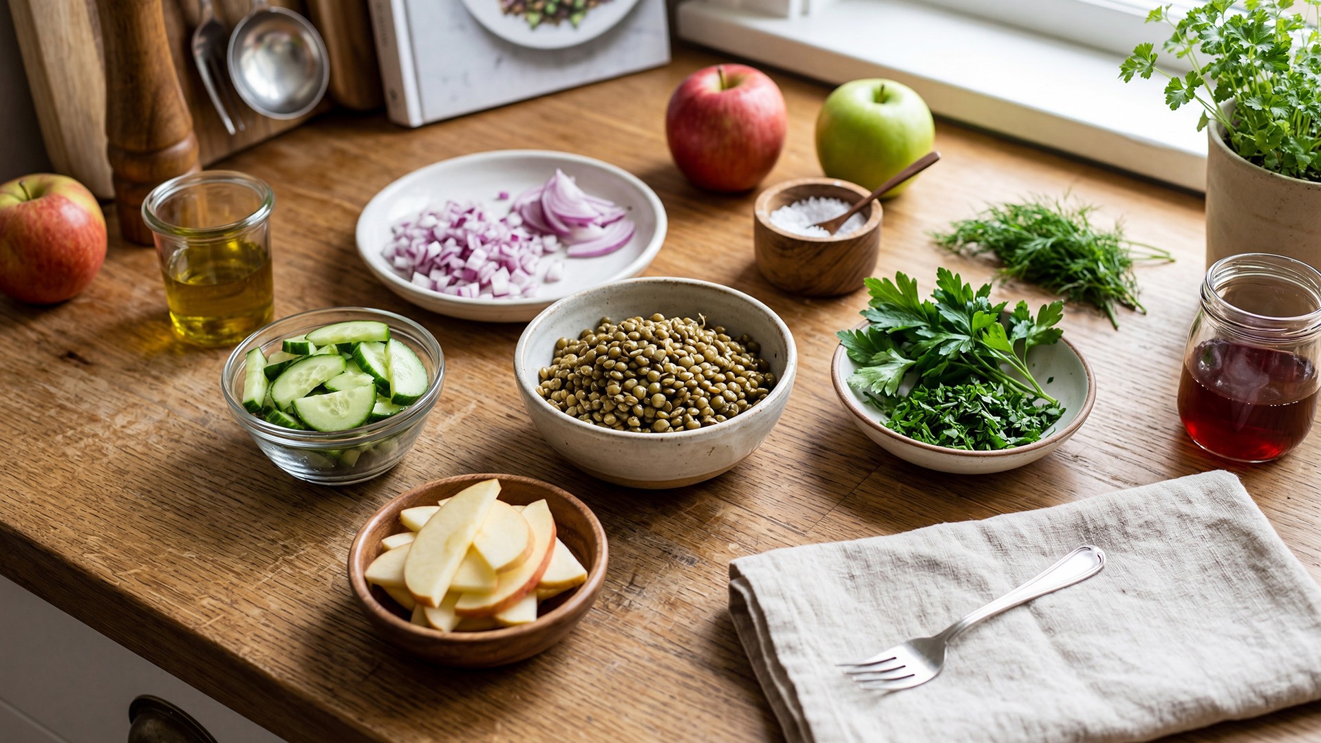 Frische Zutaten für Linsensalat wie Gurke, Apfel, rote Zwiebel, Petersilie und gekochte Linsen auf einer Küchenarbeitsfläche angerichtet