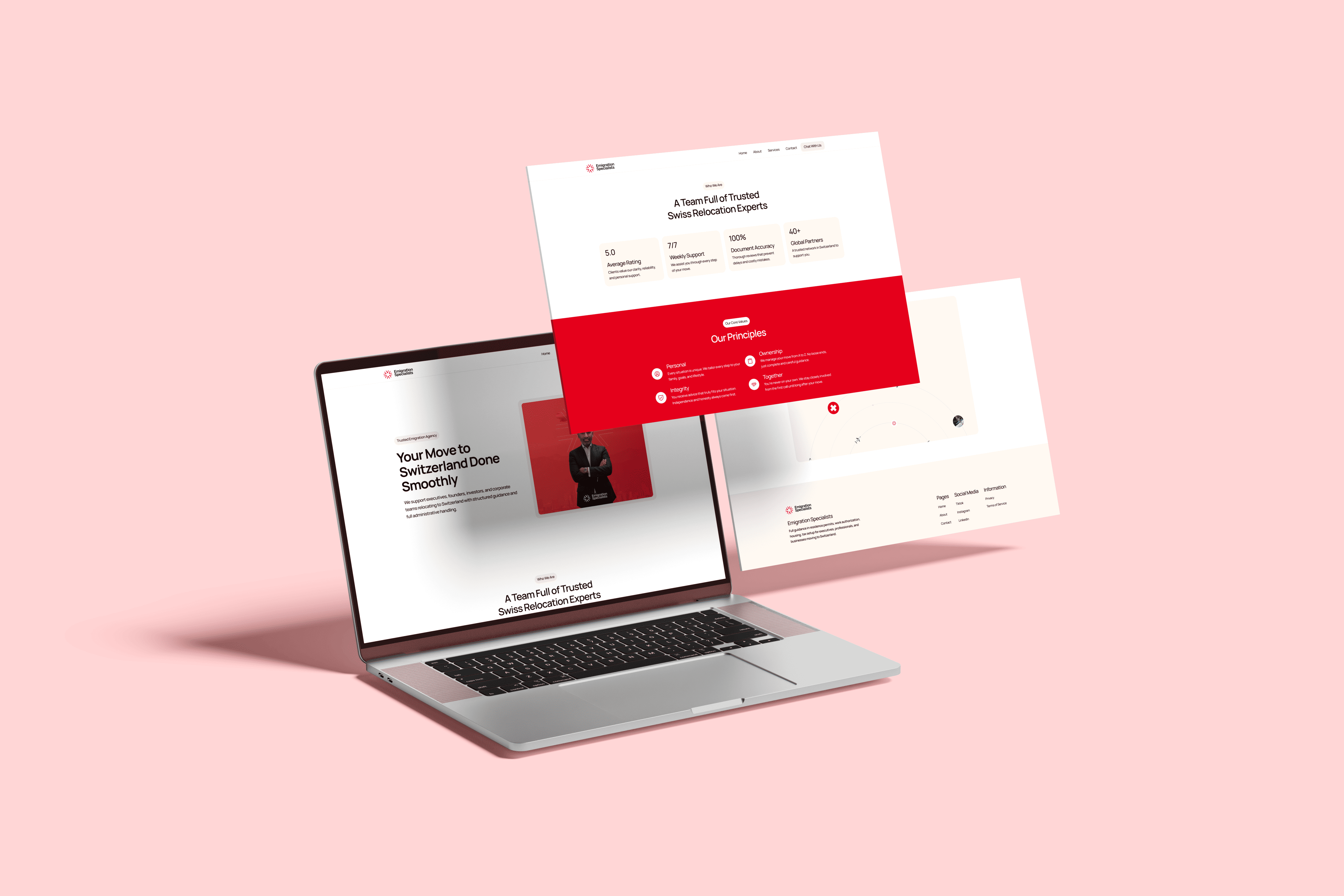Laptop and floating desktop mockups displaying the Emigration Specialists homepage and key service sections.