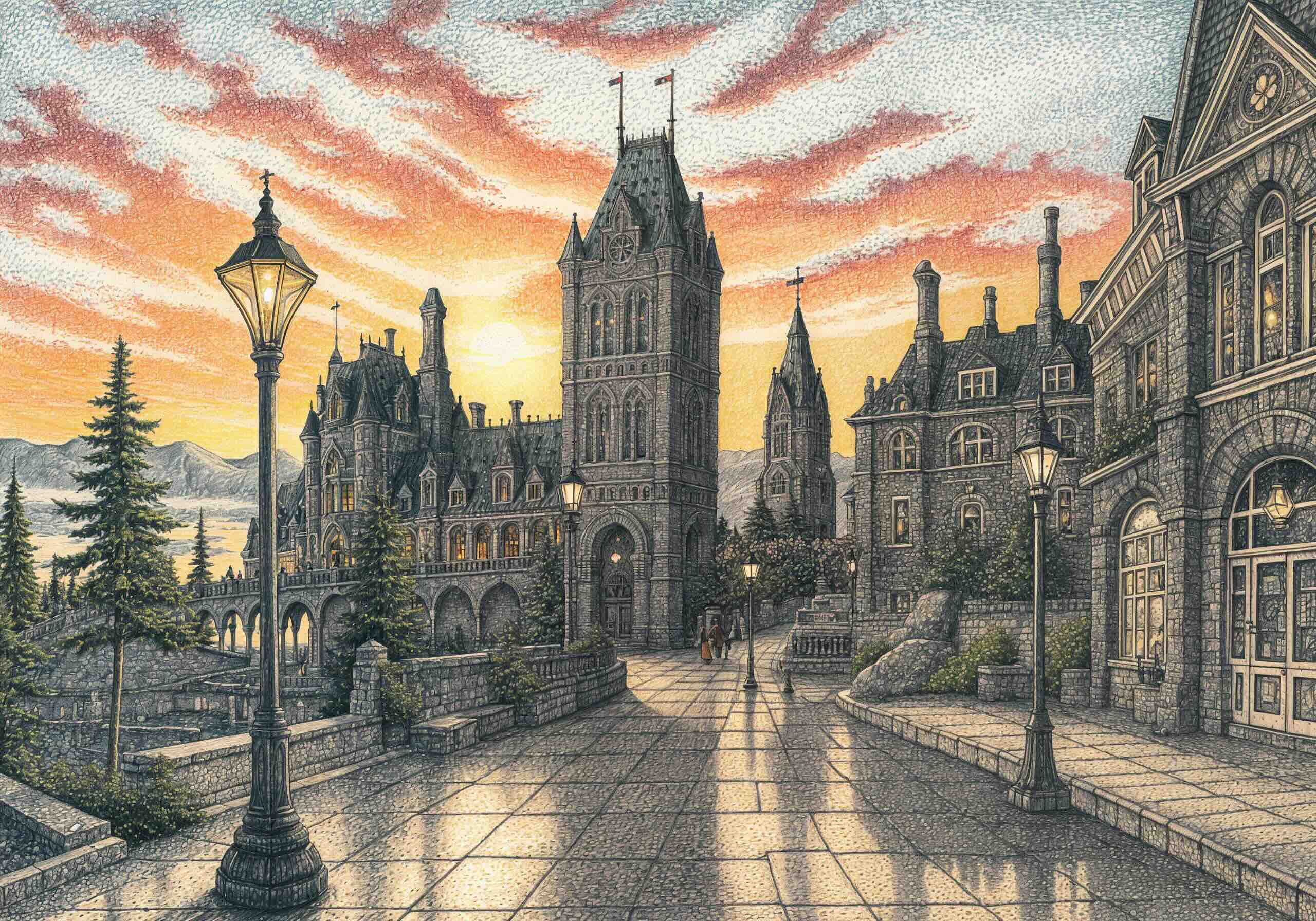Detailed illustration of a castle-like cityscape in Canada at sunset, featuring Gothic-style stone buildings, towering spires, street lamps, and a mountain backdrop.