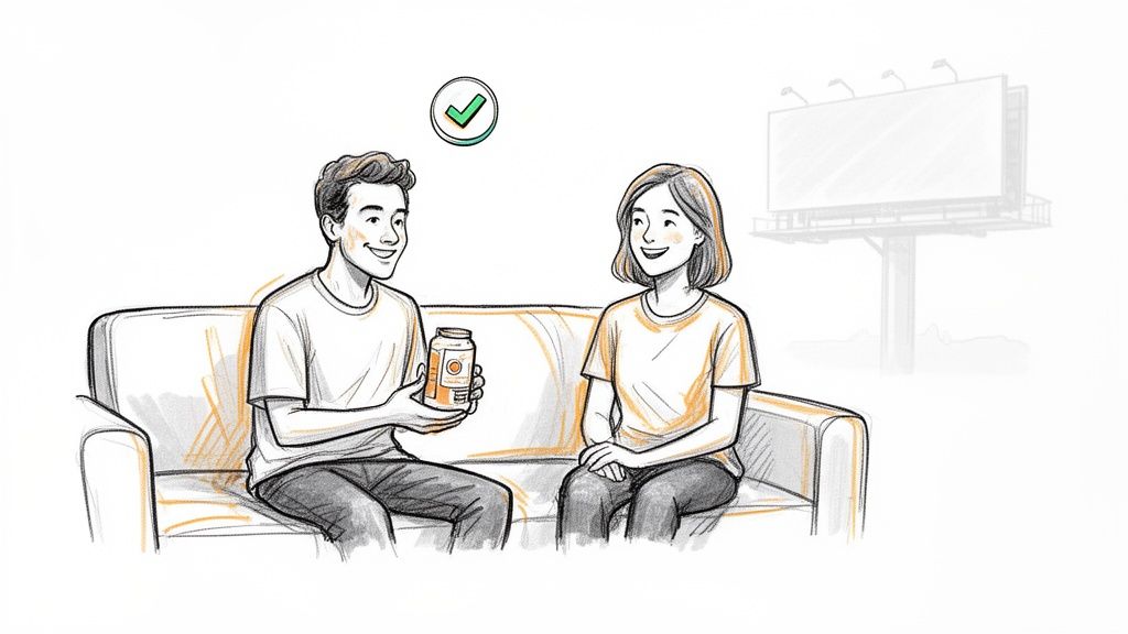 A man on a couch shows a drink can to a woman, with a green checkmark.