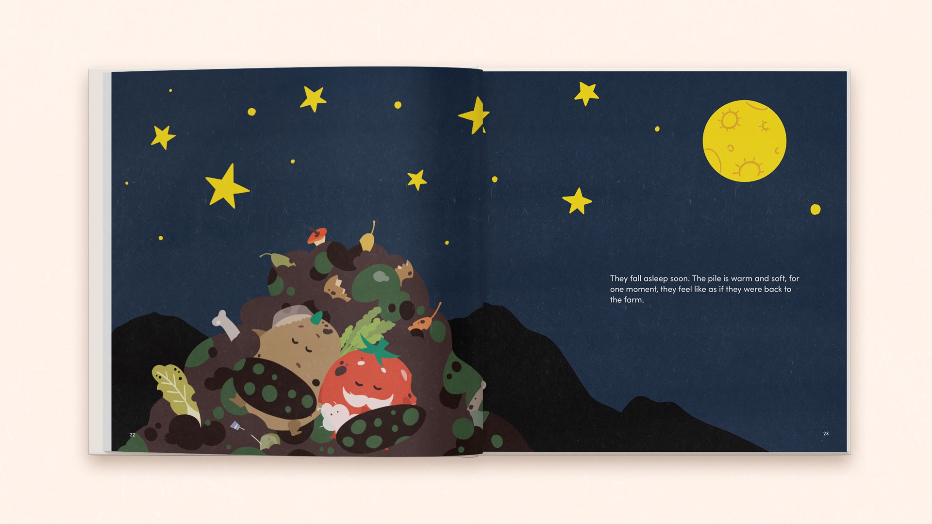 An open book displays a dark blue night sky with yellow stars and a large yellow circle. A pile of stylized figures rests on a dark mound, wearing clothes and surrounded by small objects. The left page shows a text excerpt: “They fall asleep soon. The pile is warm and soft, for one moment, they feel as if they were back to the farm.”