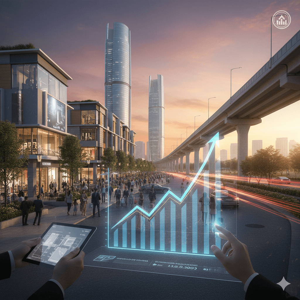 Growth chart overlaying modern commercial boulevard in Sector 84