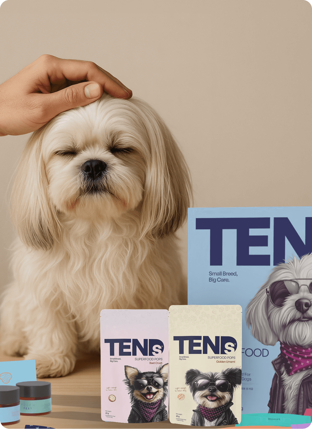 Small white long-haired dog with eyes closed being gently petted on the head beside TENDS dog food and care products, representing calm, complete small-dog care achieved with fewer, well-designed products