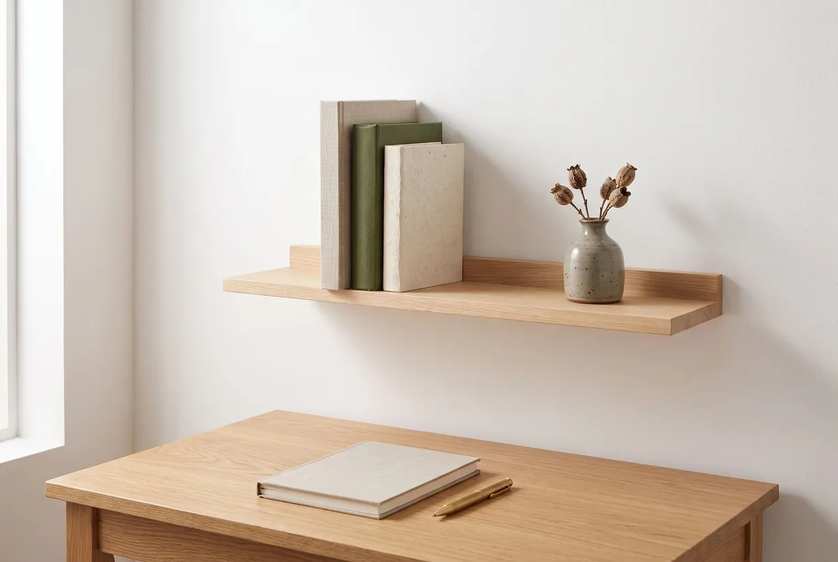 Ledge wall shelf (solid oak, hidden brackets) in a room