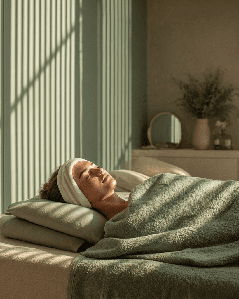 A person lying on a massage table, their face covered with a towel, bathed in warm golden light. The setting exudes relaxation and comfort.