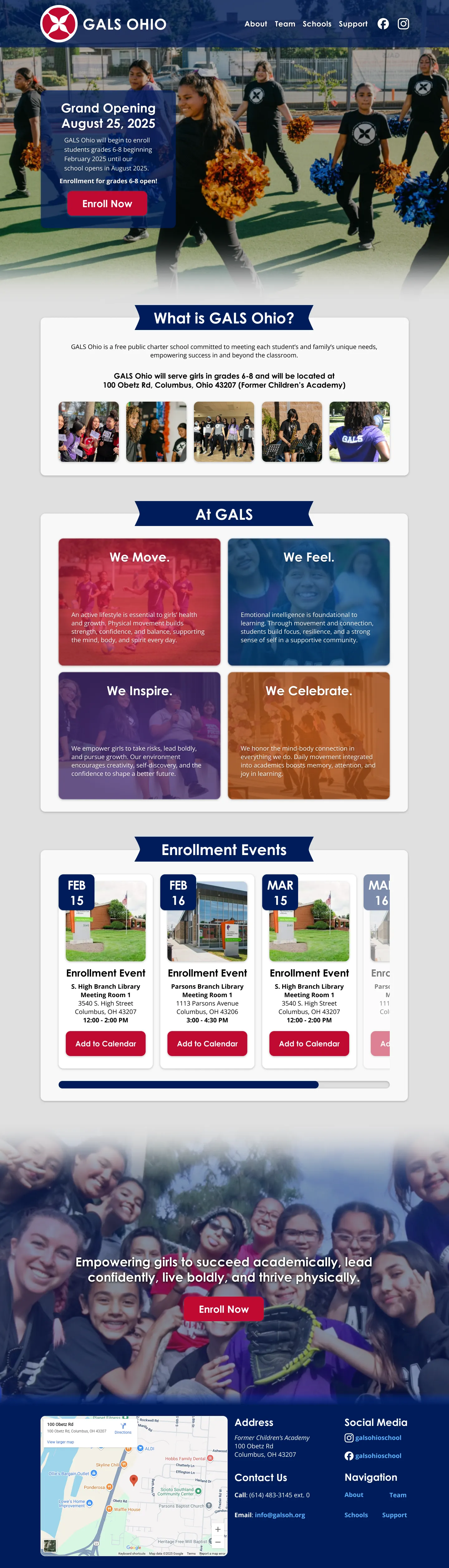 GALS Ohio landing page with an enrollment-focused hero section and a full-page layout overview.