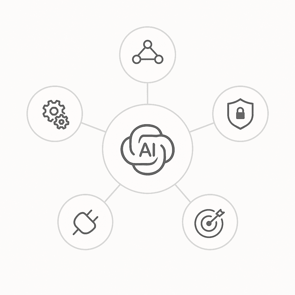 Radial diagram with icons symbolizing coverage, compliance, automation, integration, and attribution criteria