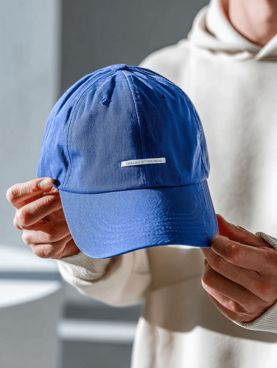 Blue baseball cap held in hands by person wearing a cream hoodie
