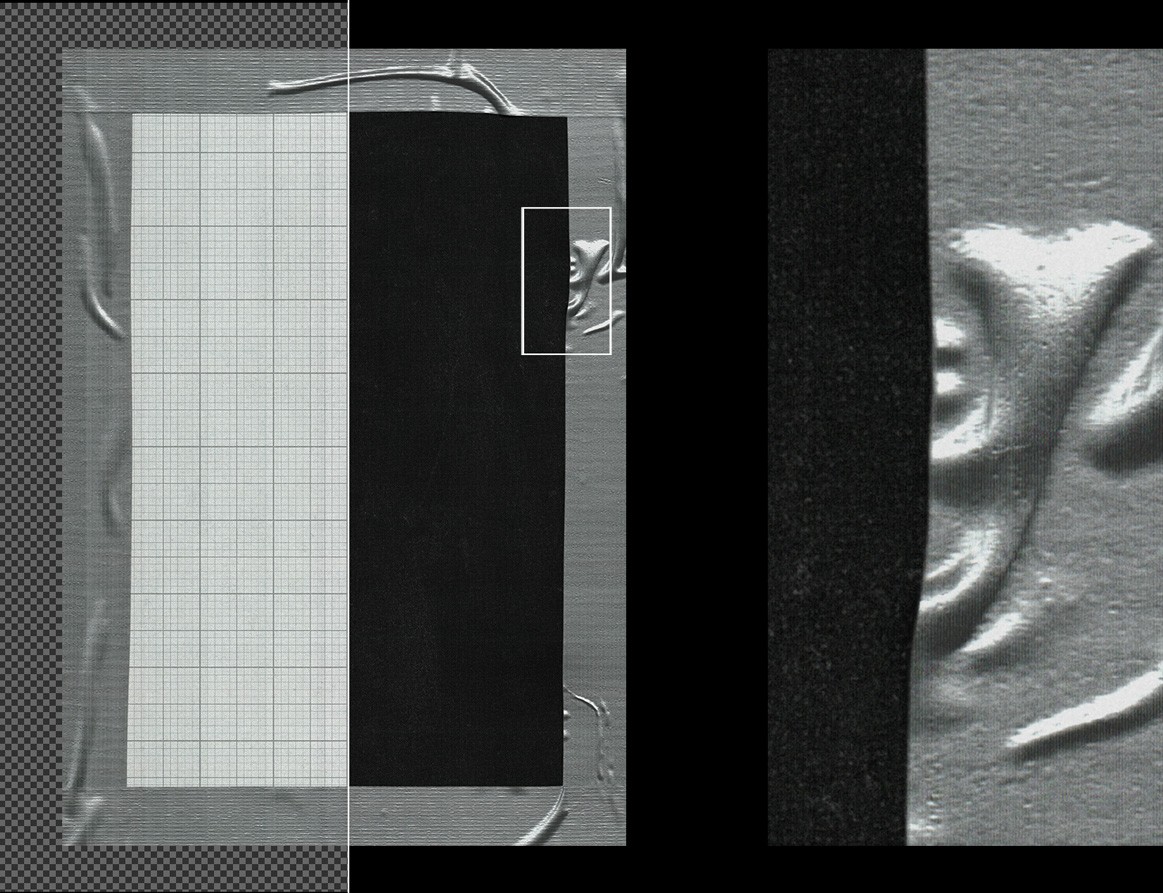 Raw taped poster mockup close up showing scan lines texture and surface details