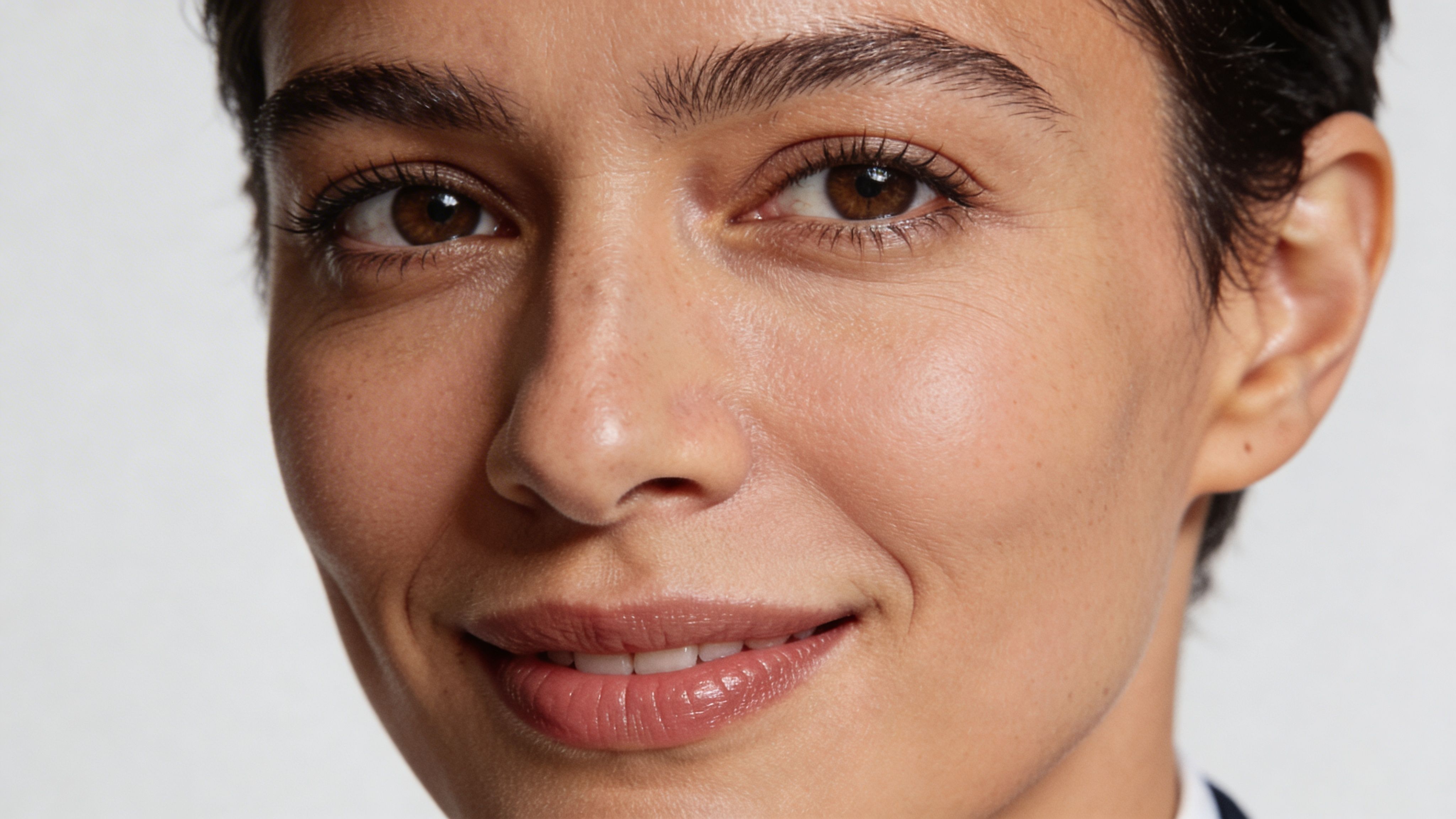 Nahaufnahme einer lächelnden Frau mit kurzem, dunklem Haar und natürlichem Make-up vor einem hellen Hintergrund.